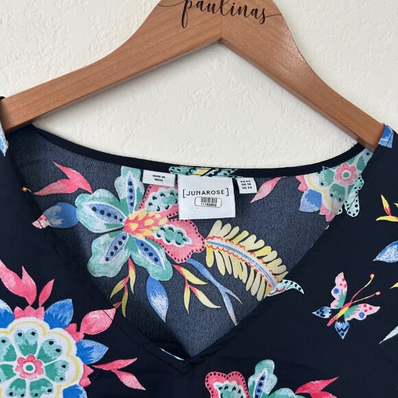 Junarose Top Womens 14 Black Allover Floral Print Short Ruffle Sleeve Blouse - Picture 7 of 7